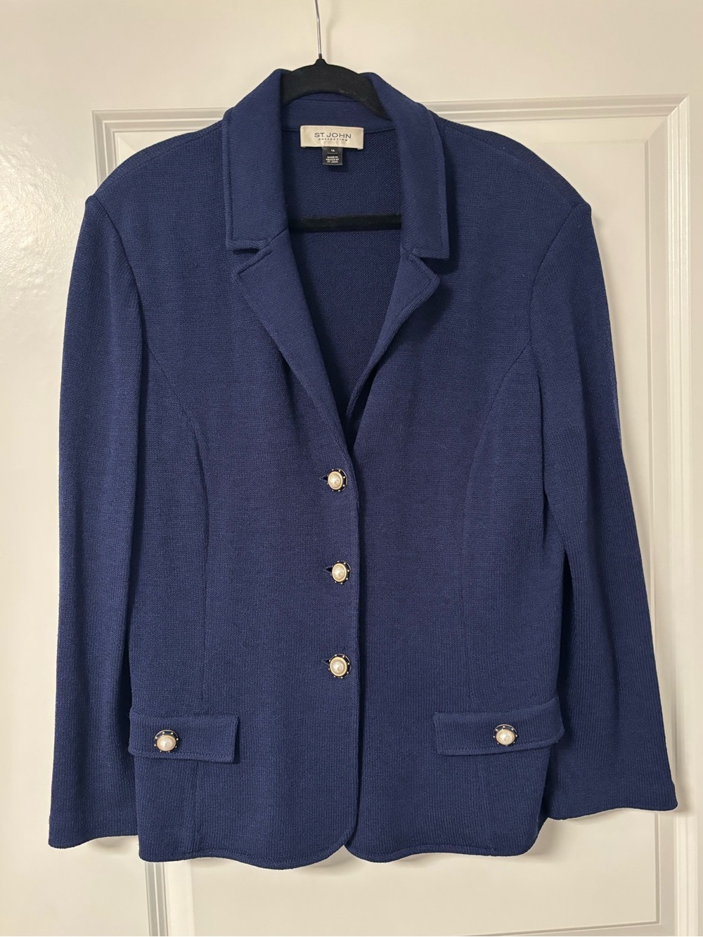 St. John Collection Navy Wool Knit Blazer Pearl Gold Buttons - Size 16